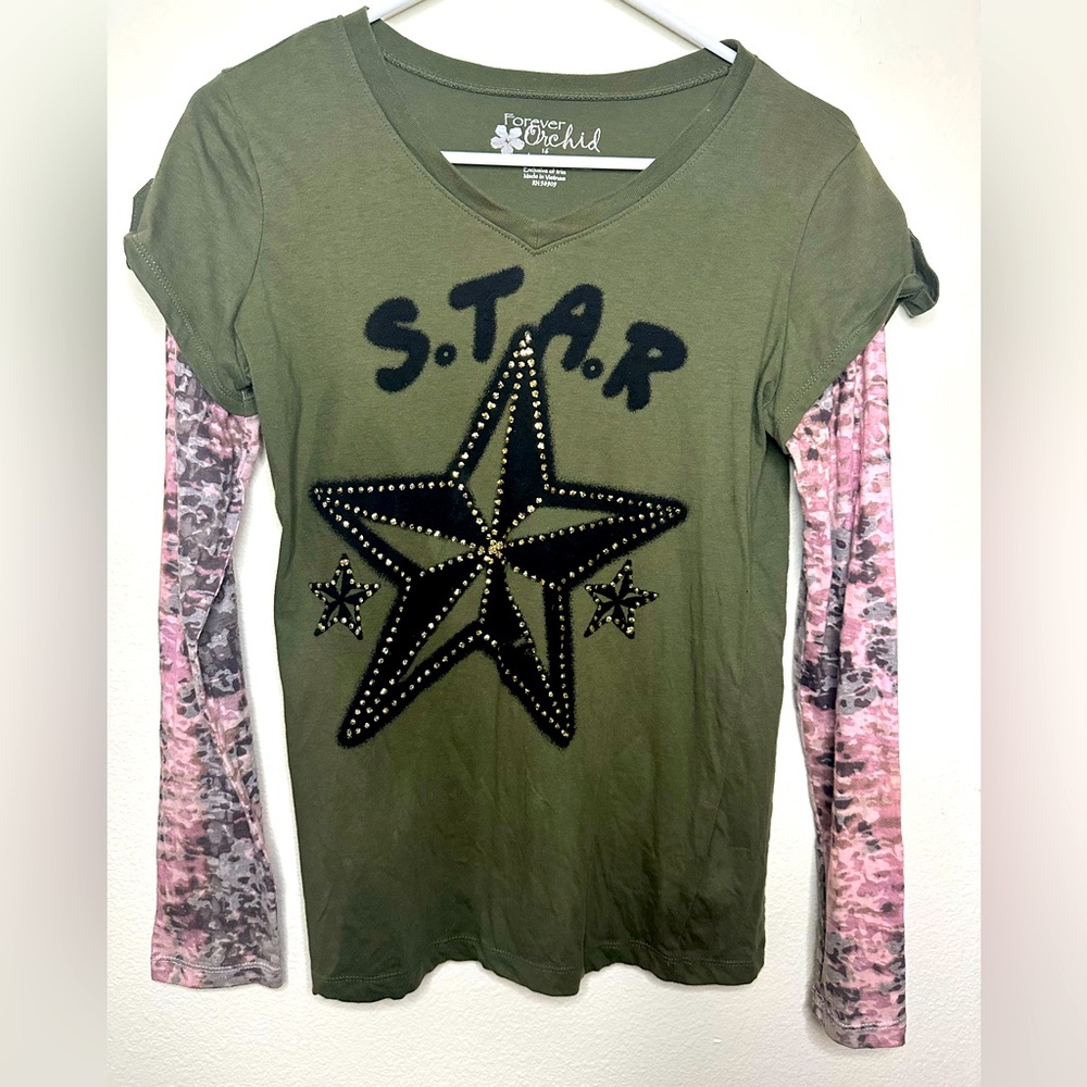 Y2K forever orchid long sleeve top rhinestones studs Camo size 16 girls